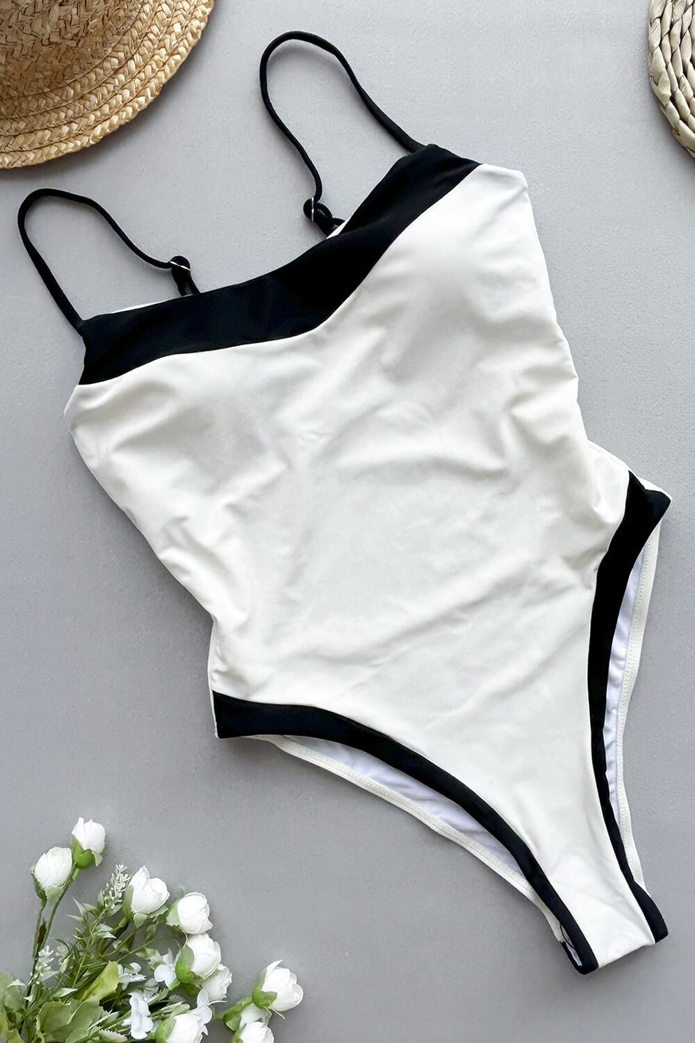 Colorblock High Rise One Piece Swimsuit - Cream & Black