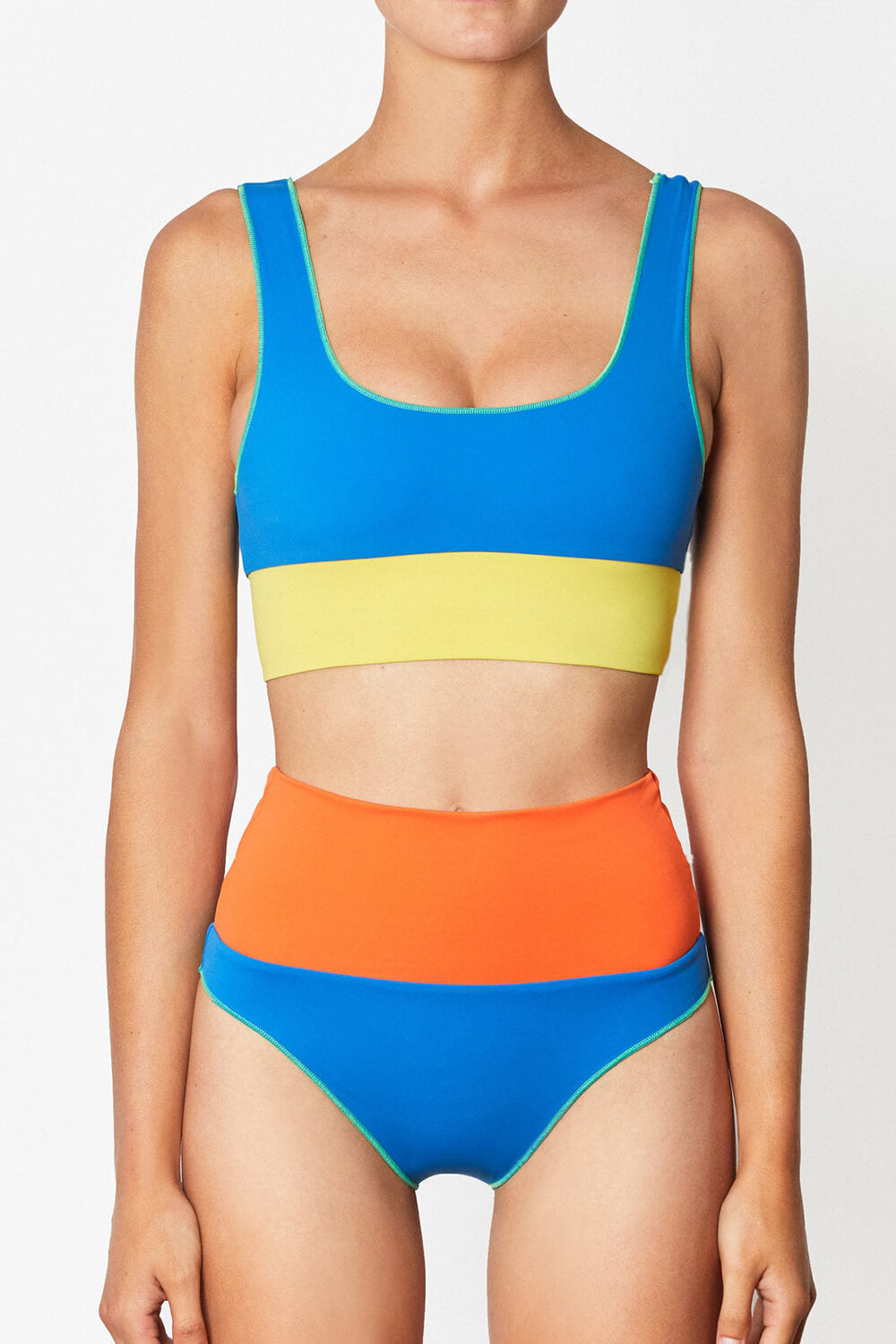 Color Block Crop Longline High Waist Bikini Set - Blue