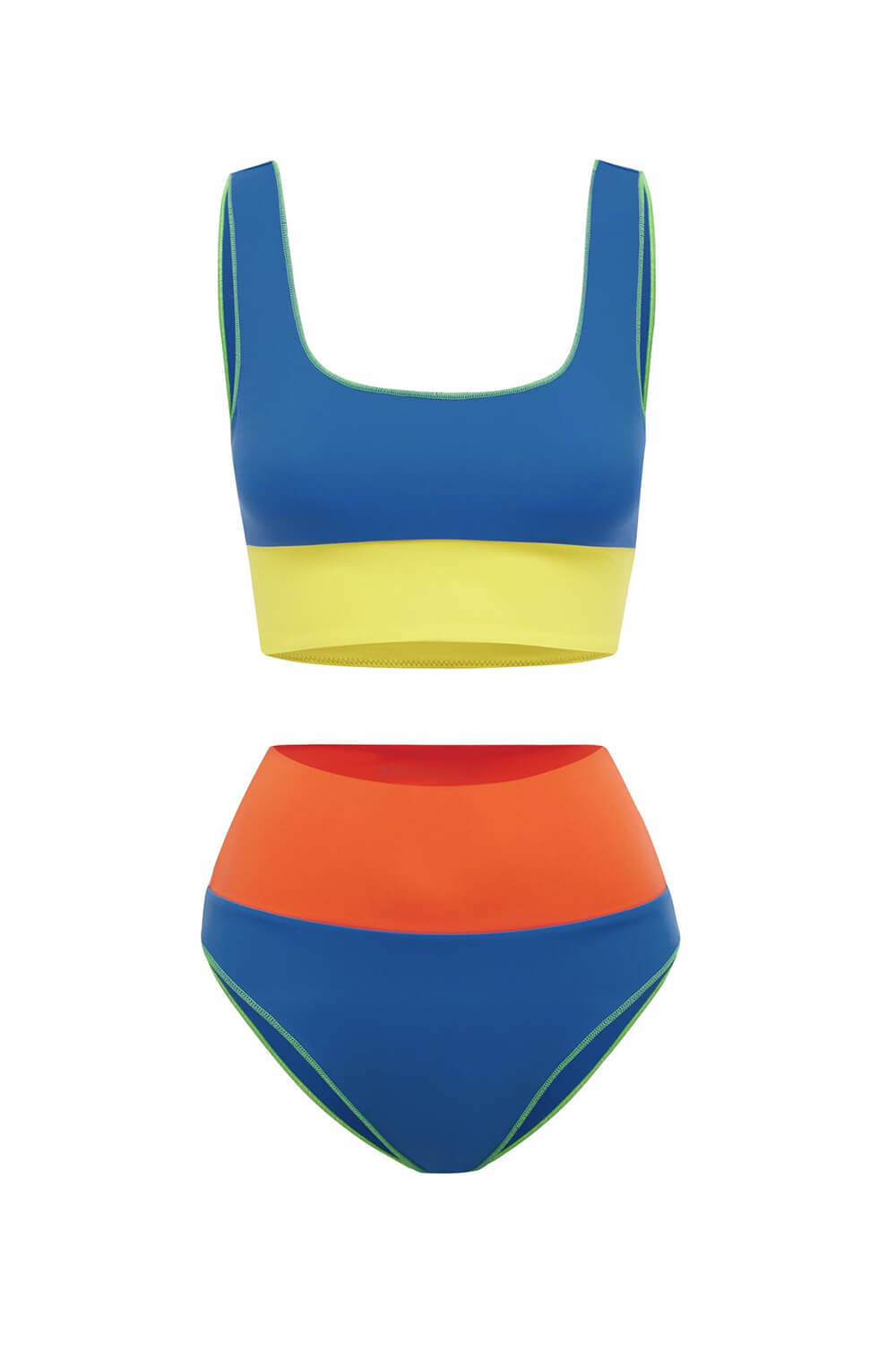 Color Block Crop Longline High Waist Bikini Set - Blue