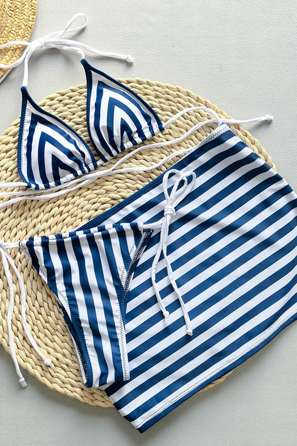 Striped Print Triangle Tie Side Bikini Set With Mini Sarong Skirt