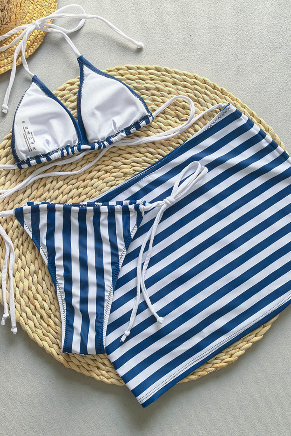 Striped Print Triangle Tie Side Bikini Set With Mini Sarong Skirt
