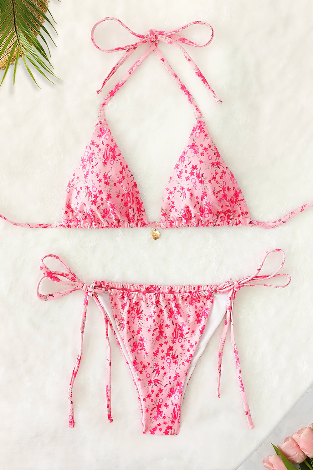 Floral Print Triangle Halter Tie Side Bikini Set With Gold Charm Details