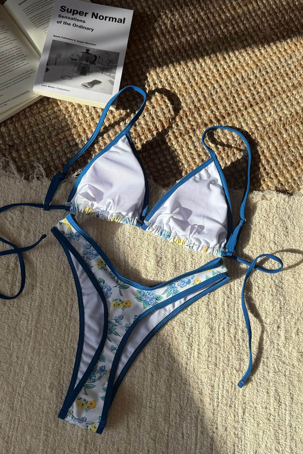 Blue Floral Print Contrast Trim Triangle High Cut Bikini Set