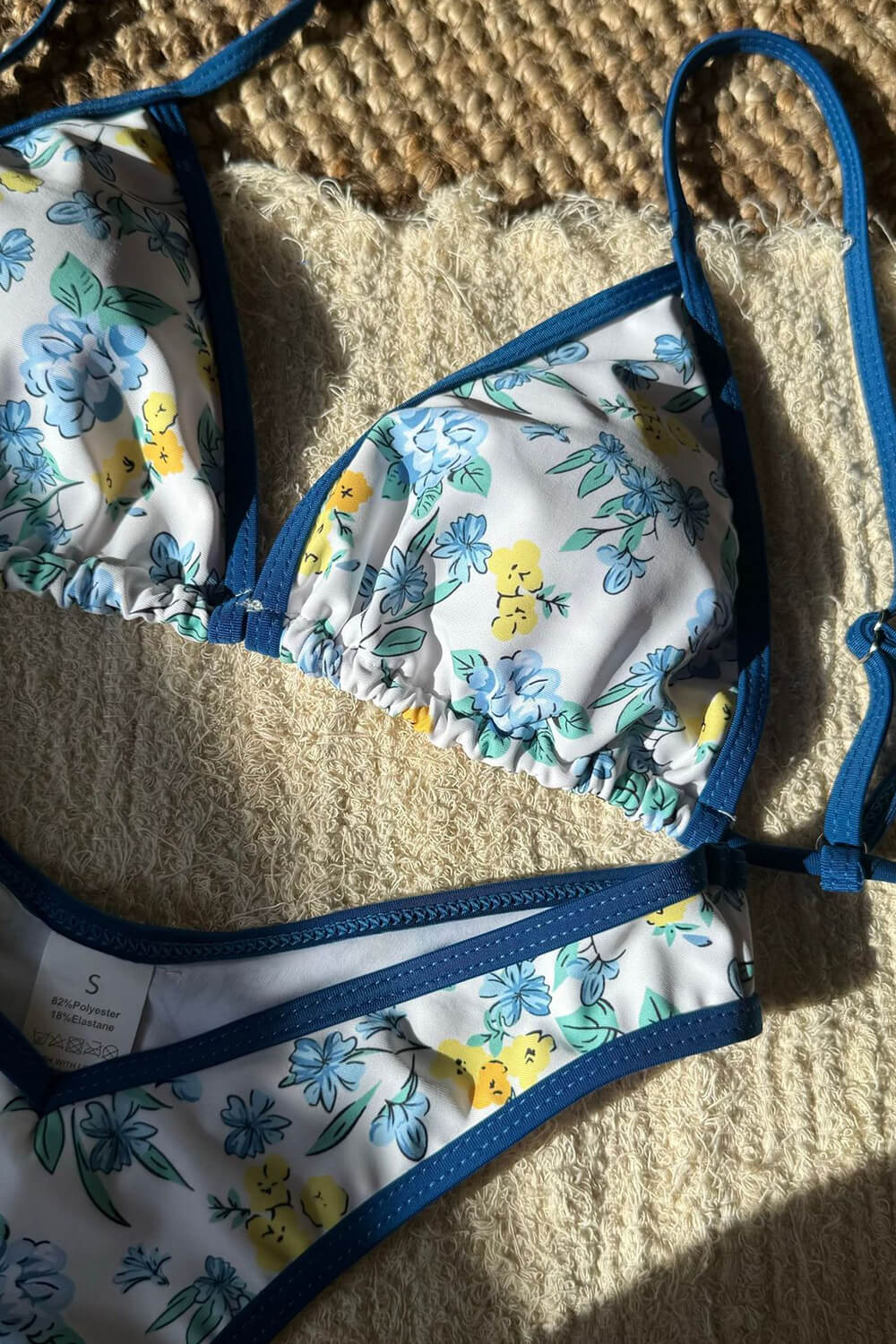 Blue Floral Print Contrast Trim Triangle High Cut Bikini Set