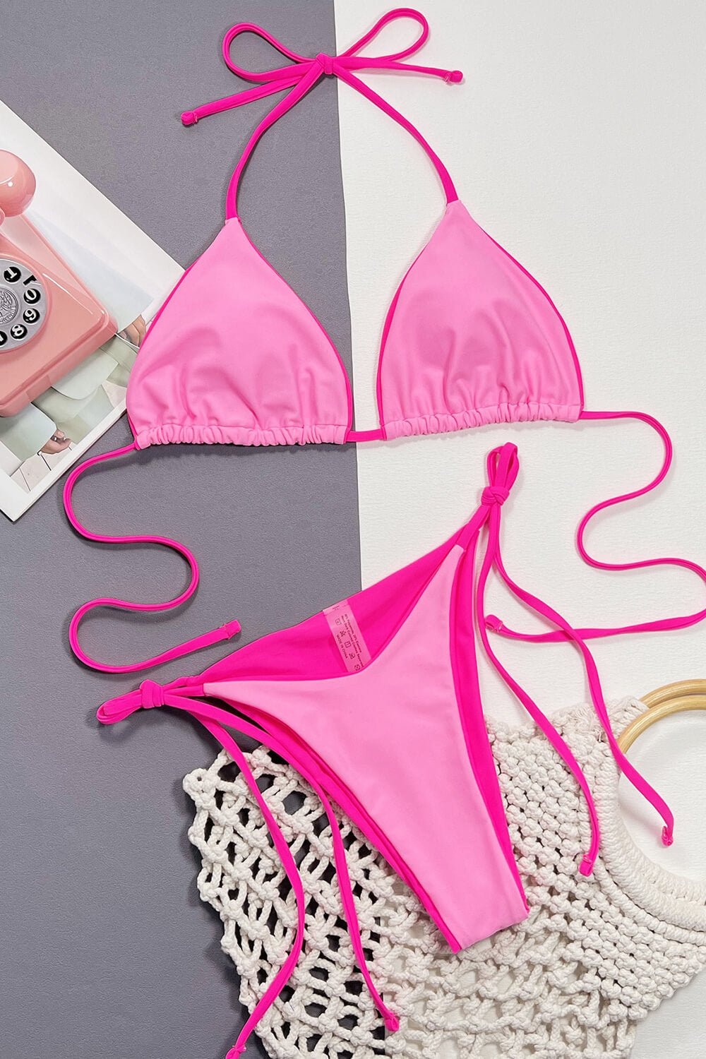 Contrast Trim Triangle Halter Tie Side Bikini Set