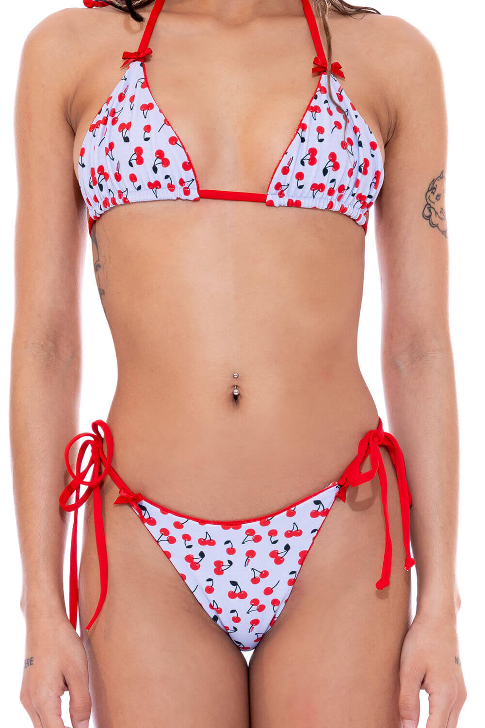 Cherry Print Triangle Halter Tie Side Bikini Set