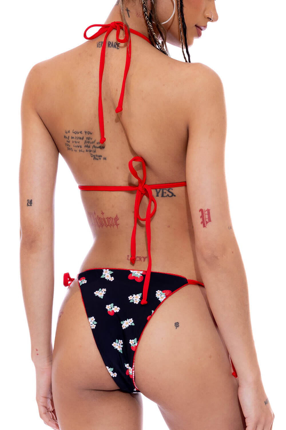 Black Strawberry Print Triangle Halter Tie Side Bikini Set