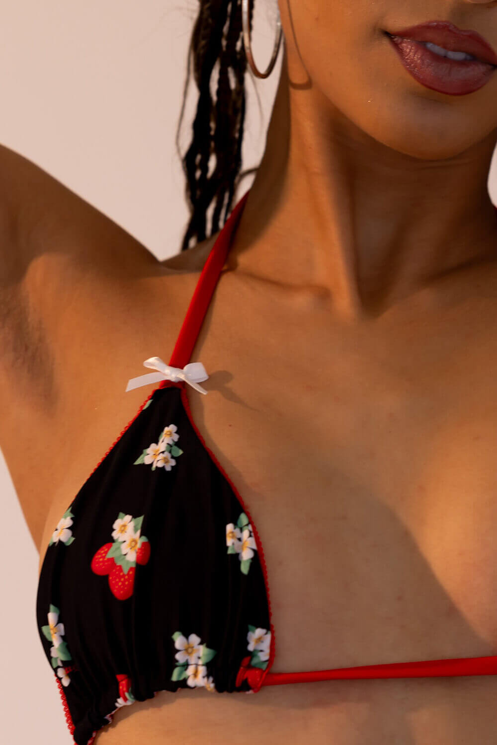Black Strawberry Print Triangle Halter Tie Side Bikini Set