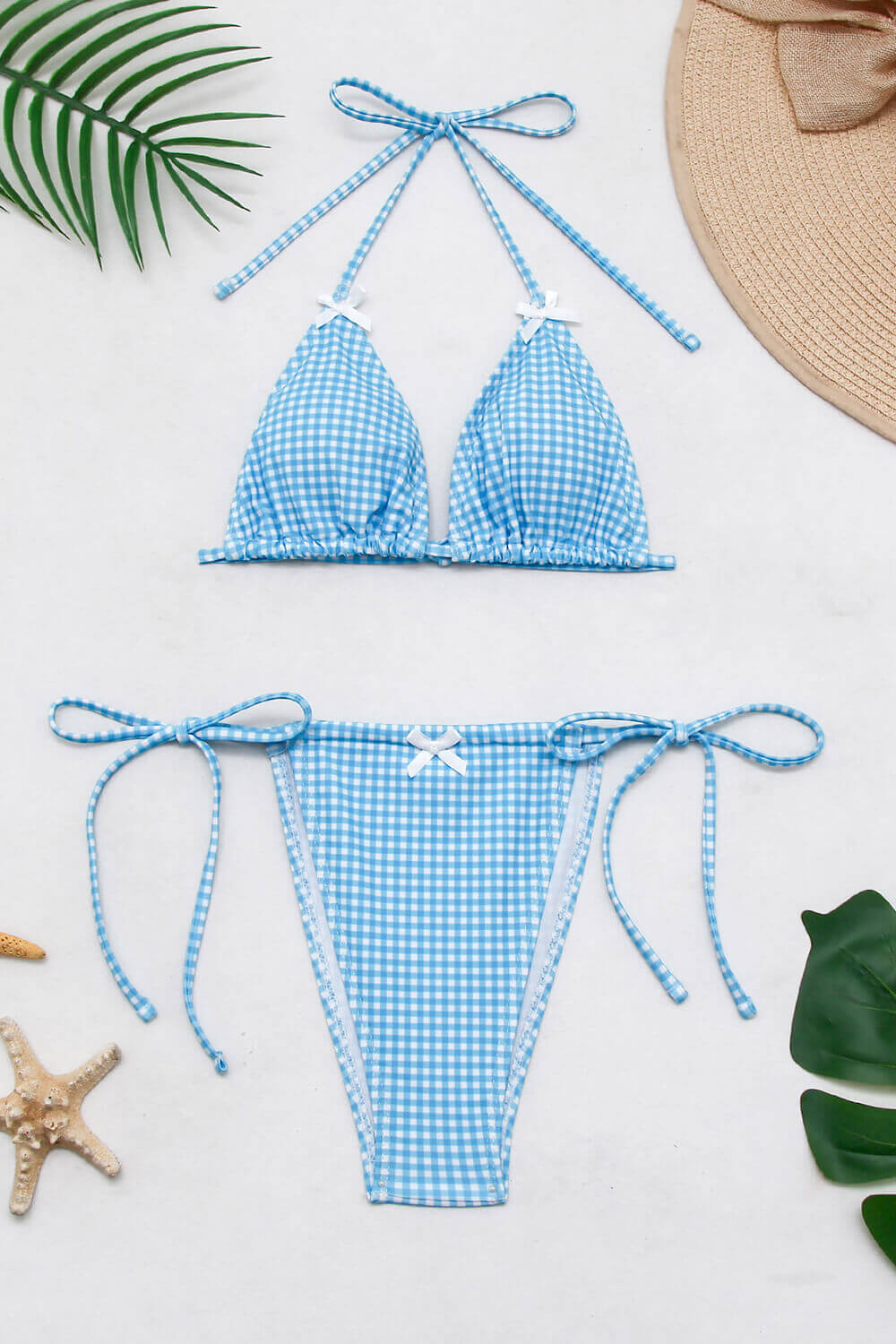 Gingham Print Triangle Halter Tie Side Bikini Set With Bows Blue
