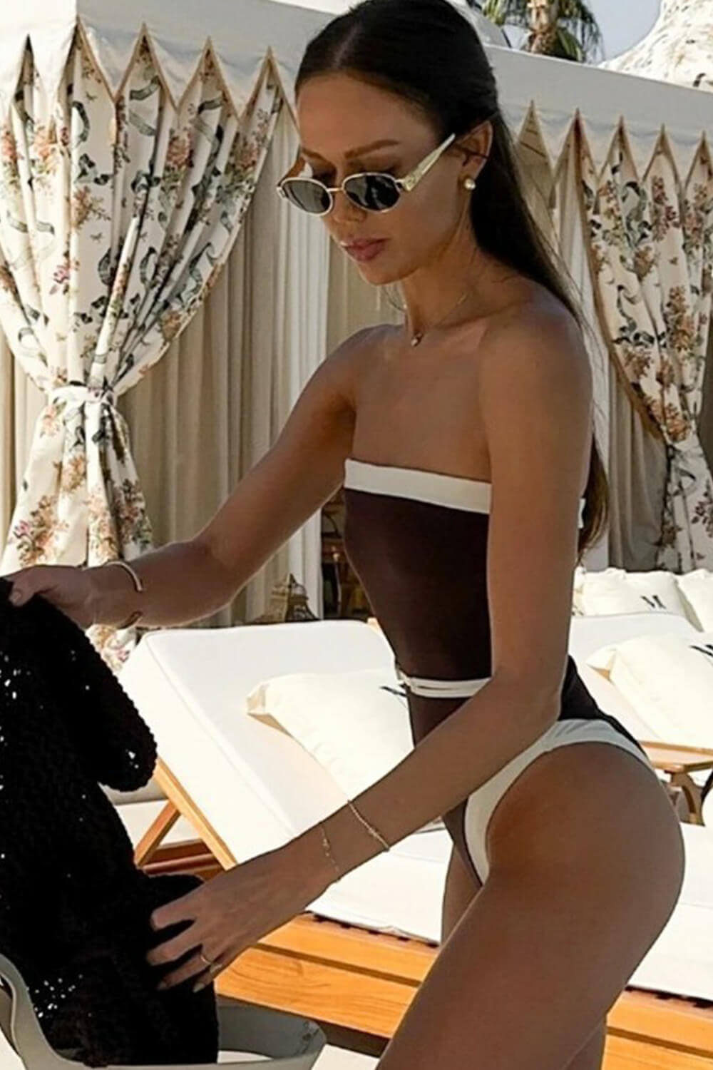 Color Block Strapless One Piece Swimsuit With Detachable Belt - Chocolate & White