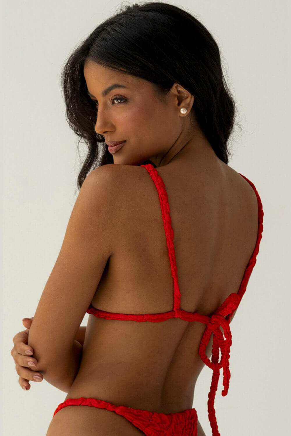 Textured Triangle Bikini Set With Gold Hardware Details & Short Sarong Skirt