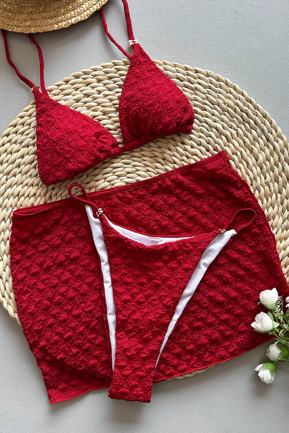 Textured Triangle Bikini Set With Gold Hardware Details & Short Sarong Skirt