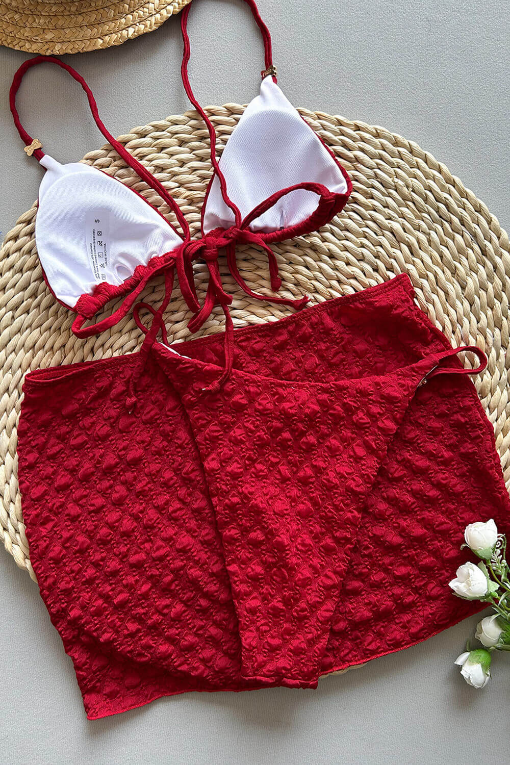 Textured Triangle Bikini Set With Gold Hardware Details & Short Sarong Skirt