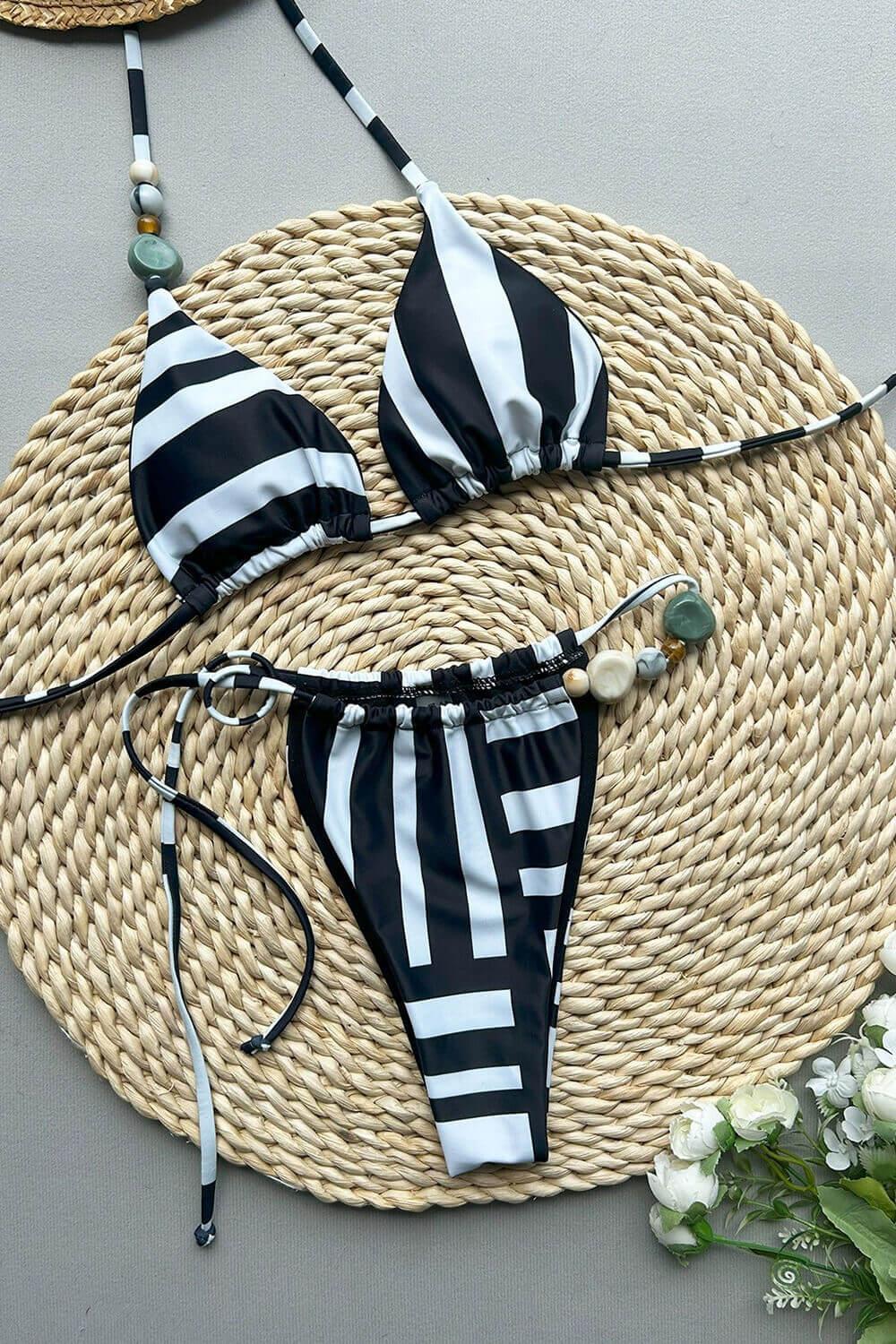 Linocut String Triangle Tie Side Bikini Set With Beaded Detailing