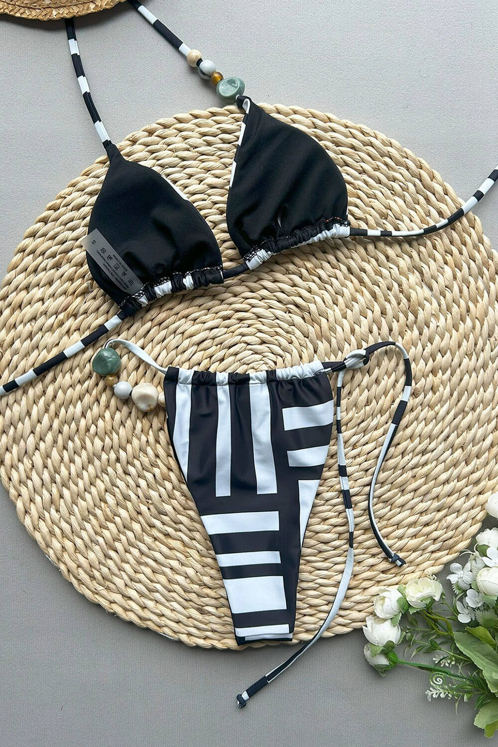 Linocut String Triangle Tie Side Bikini Set With Beaded Detailing