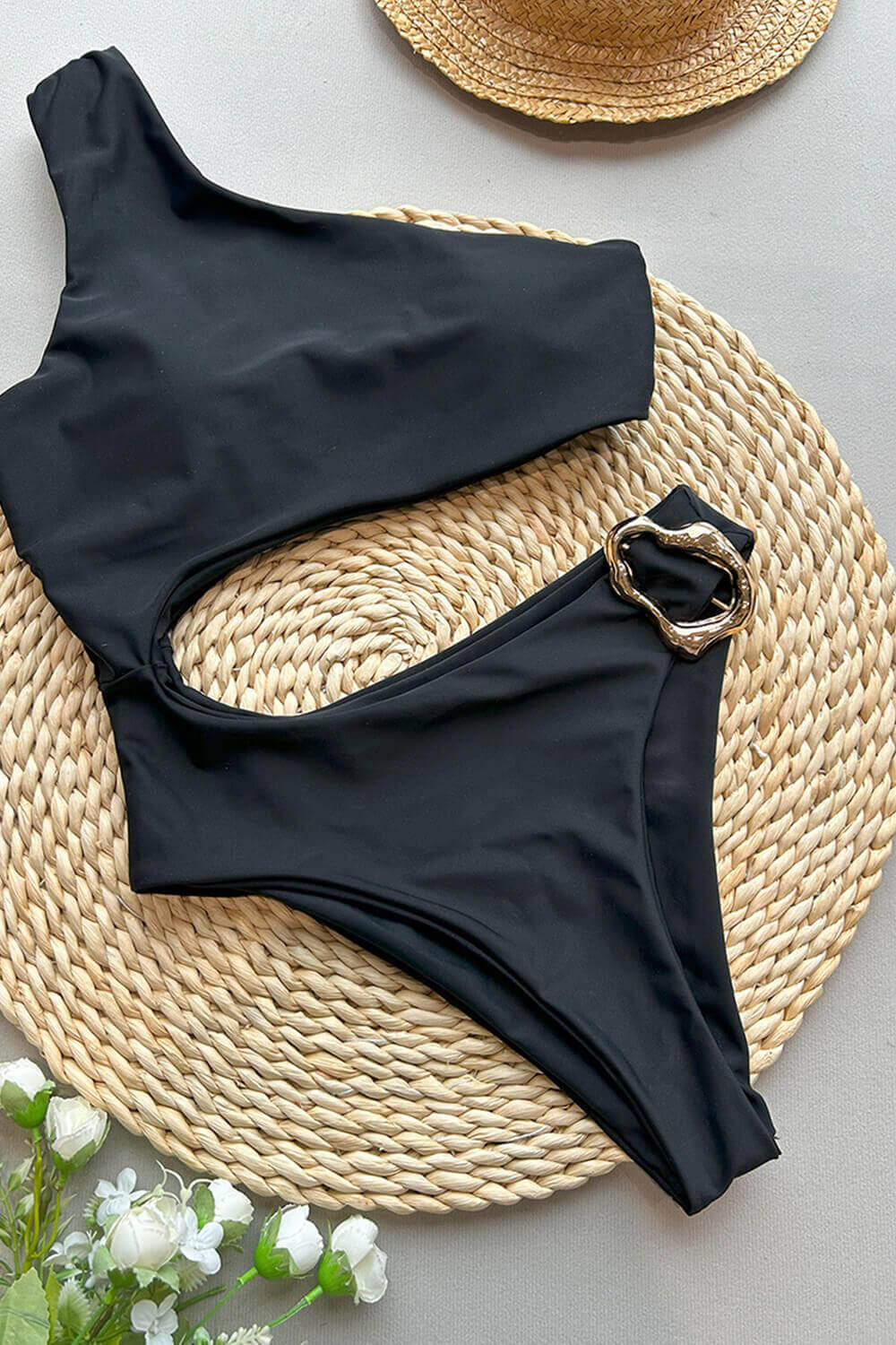 Cut-Out One-Shoulder One Piece Swimsuit With Metallic Hardware Details