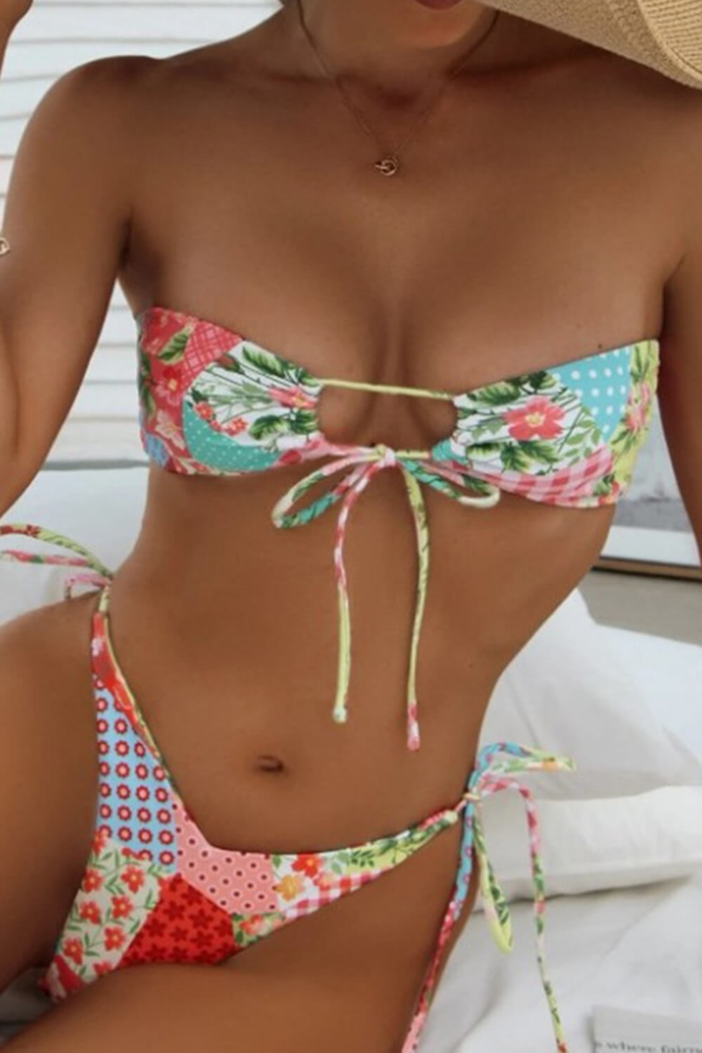 Floral Gingham Patchwork Tie Front Bandeau Tie Side Bikini Set