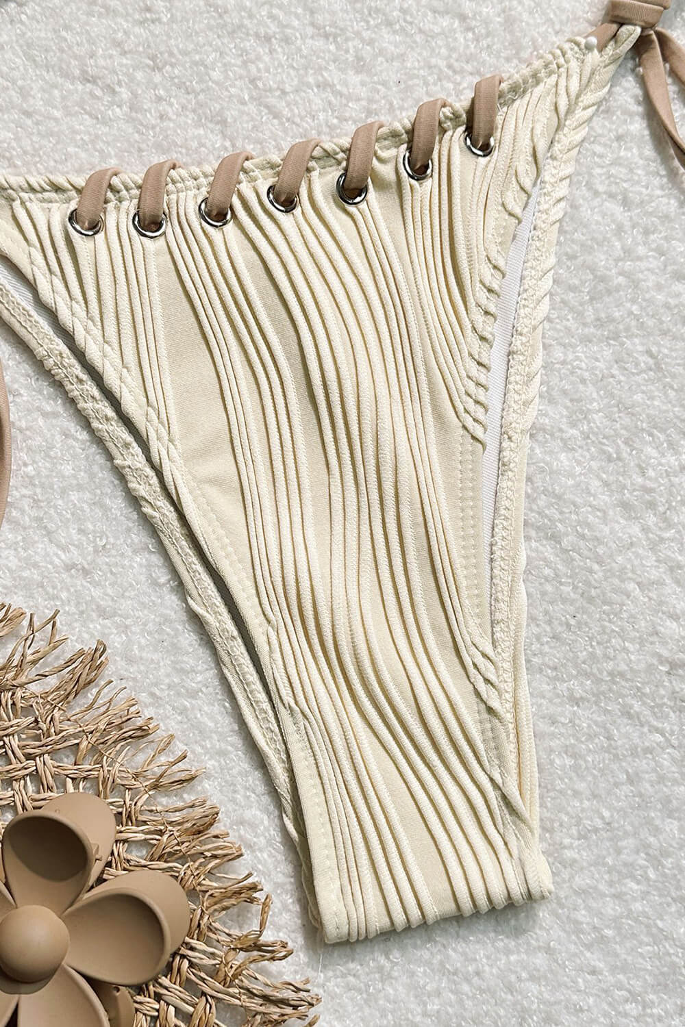 Textured Twisted Trim Triangle Halter Tie Side Bikini Set With Bows - Beige