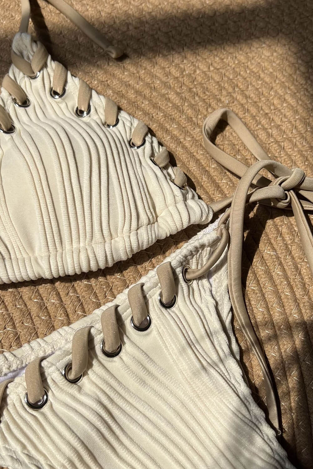 Textured Twisted Trim Triangle Halter Tie Side Bikini Set With Bows - Beige