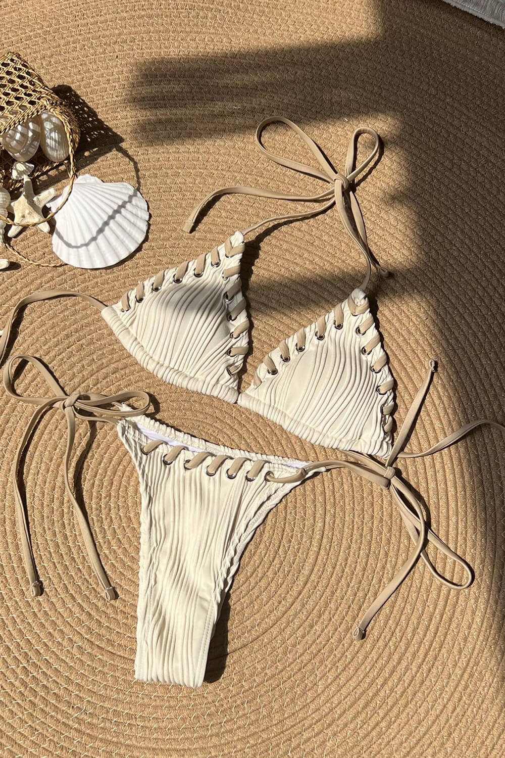 Textured Twisted Trim Triangle Halter Tie Side Bikini Set With Bows - Beige