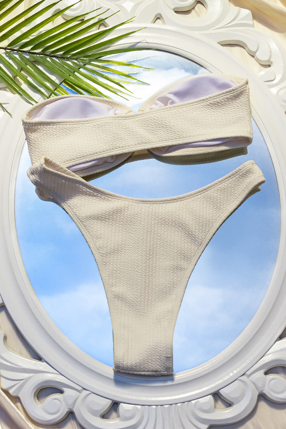 Smocked Bandeau High Rise Bikini Set With Gold Shell Hardware Detail - Cream