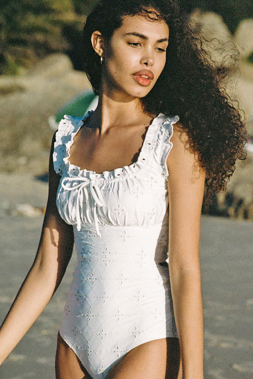 White Embroidered Ruffled Tie Front One-Piece Swimsuit