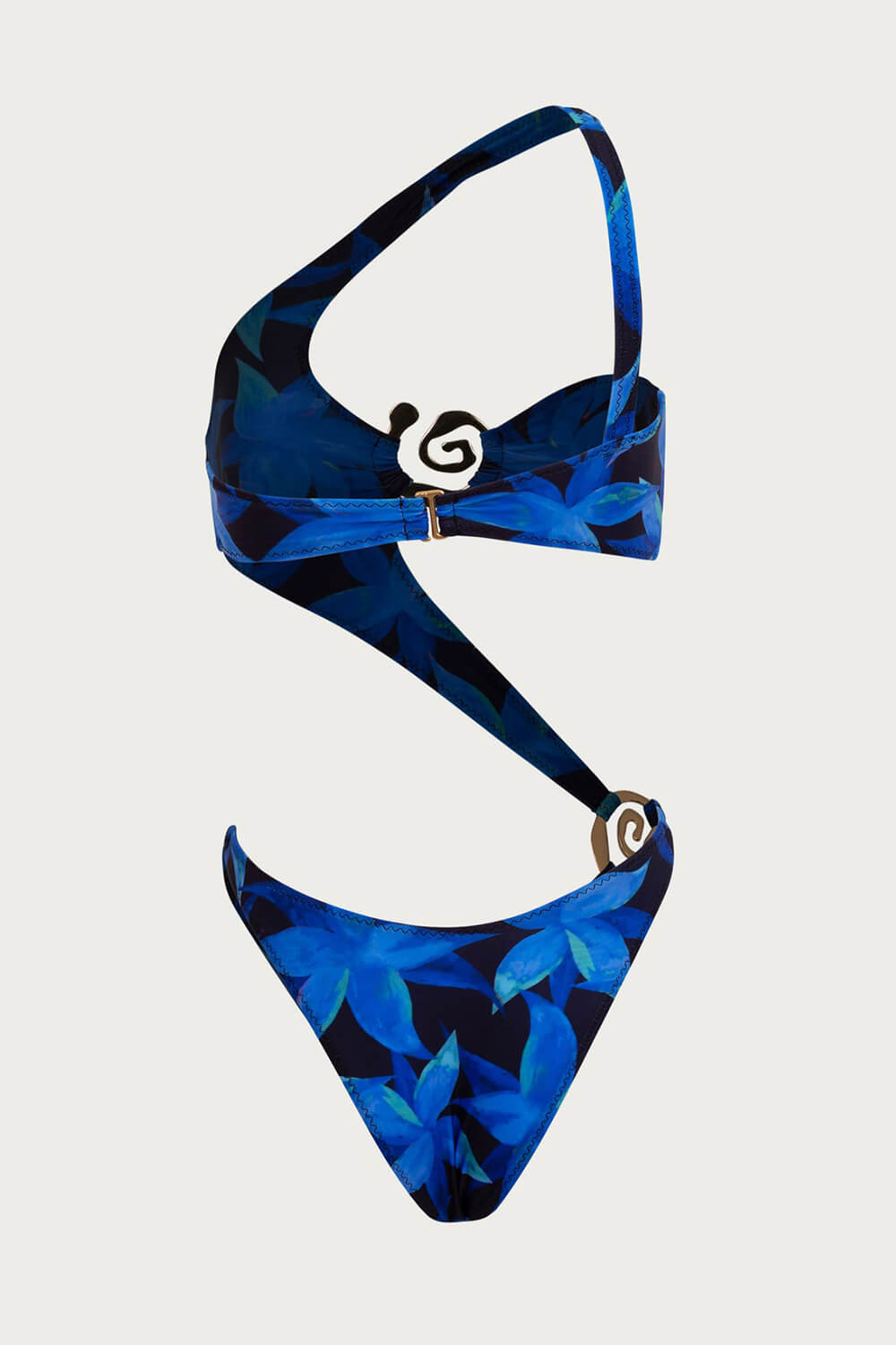 Tropical One Shoulder One Piece Swimsuit With Gold Spiral Hardware Details
