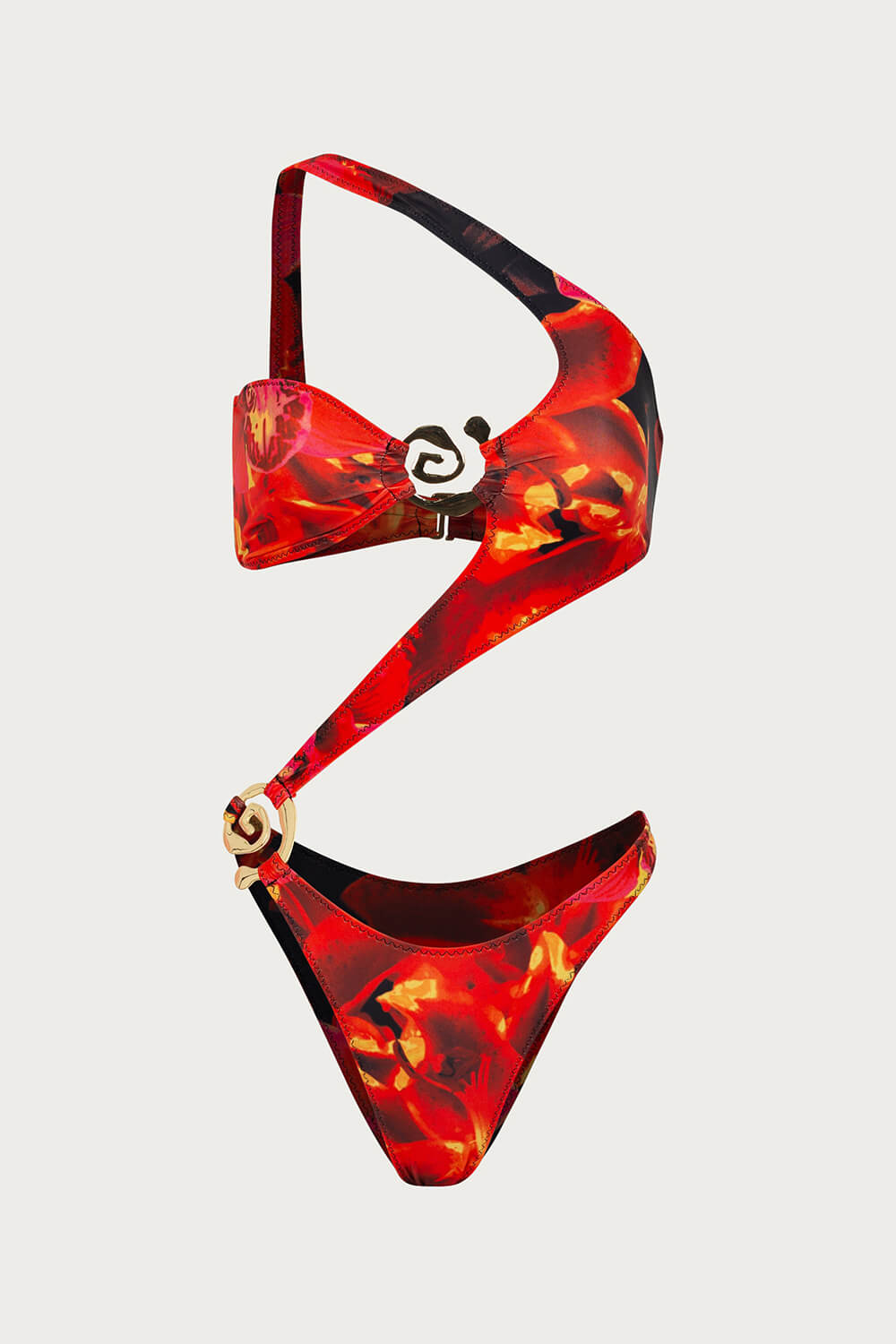 Tropical One Shoulder One Piece Swimsuit With Gold Spiral Hardware Details