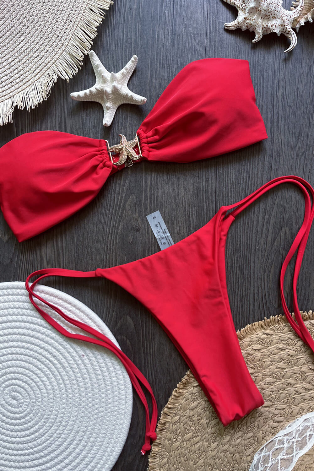 Gold Starfish Detail Bandeau Tie Side Bikini Set-Red