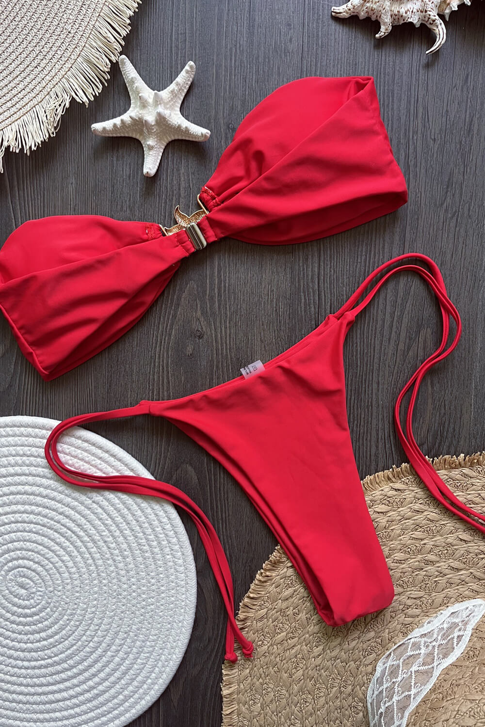 Gold Starfish Detail Bandeau Tie Side Bikini Set-Red