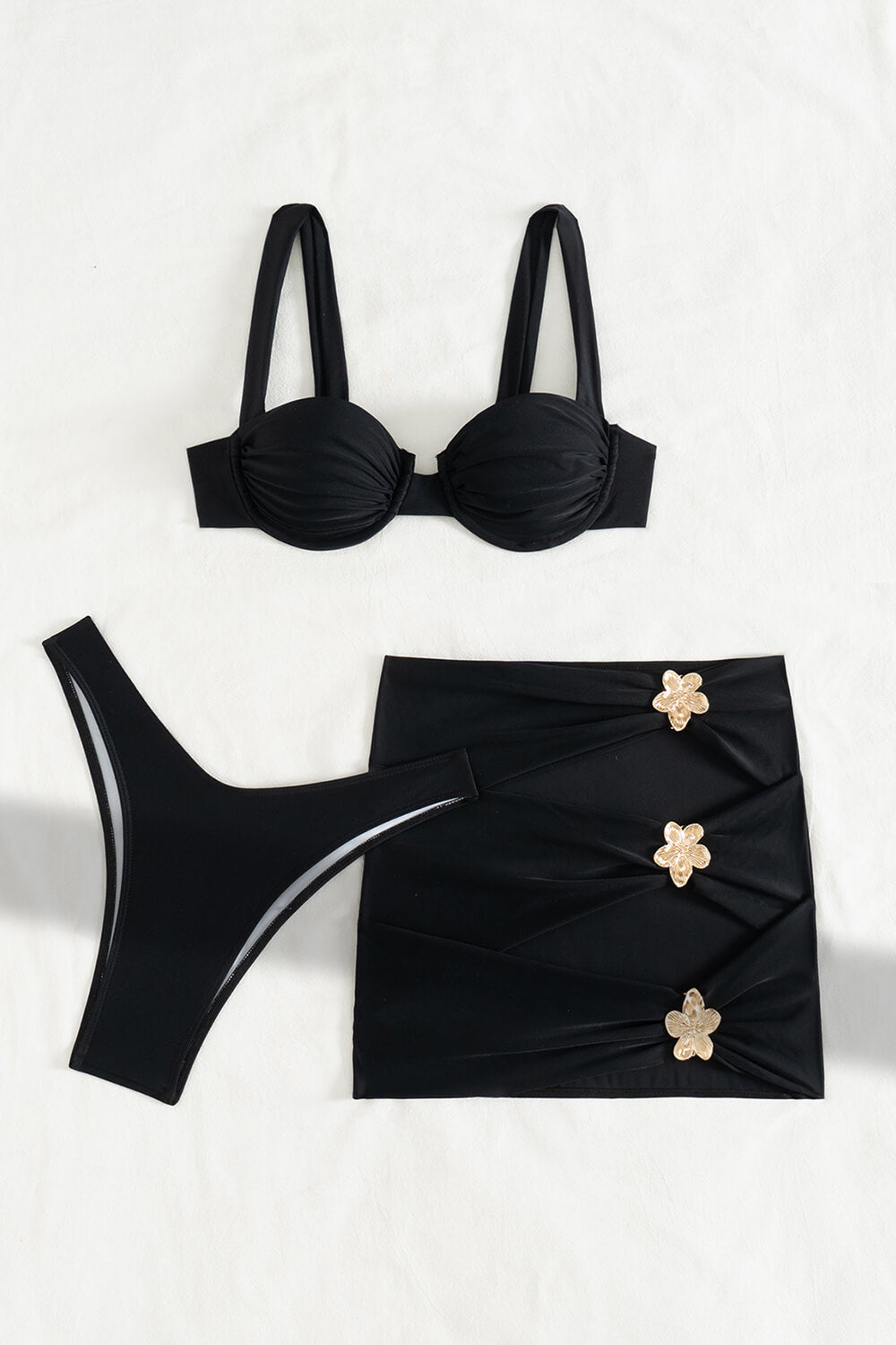 Ruched Balconette Underwire Bikini Set With Cut Out Mini Skirt - Black