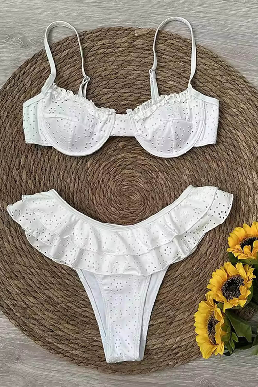 White Embroidered Underwire Ruffle Bikini Set