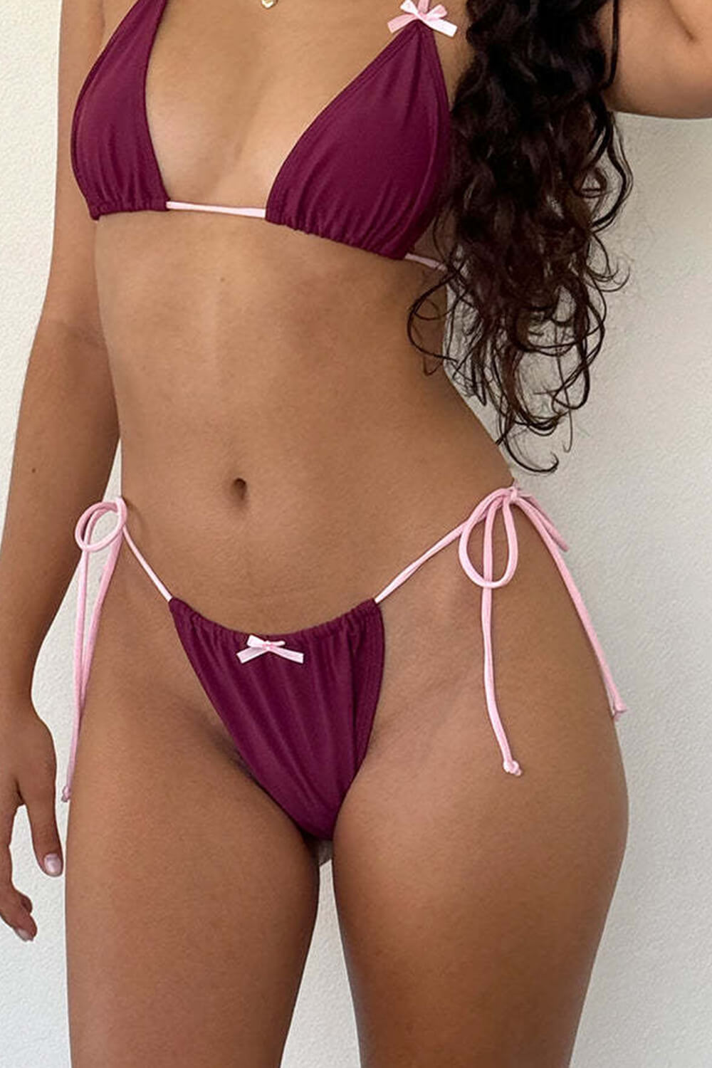 Contrast Triangle Halter Tie Side Bikini Set With Bows Detailing Burgundy