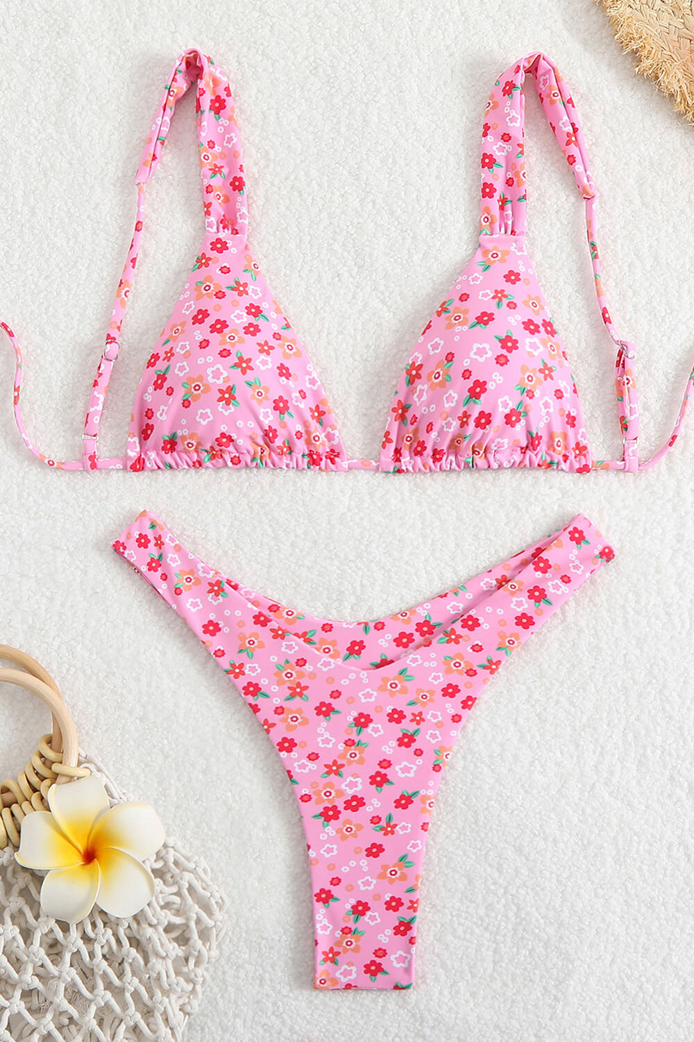 Floral Print Bralette Deep V High-Cut Brazilian Bikini Set