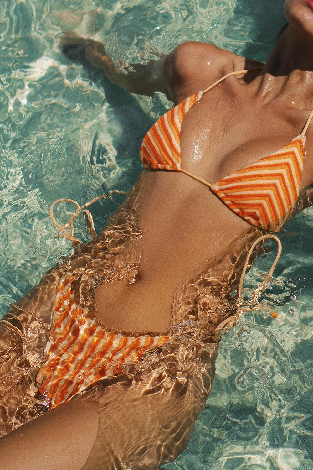 Striped Print Terry Bralette High-Cut Bikini Set