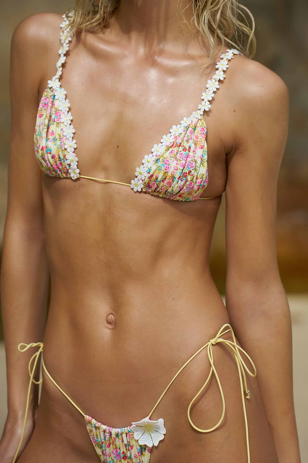 Floral Triangle Halter Adjustable Tie High Cut Bikini Set With Crochet Trim