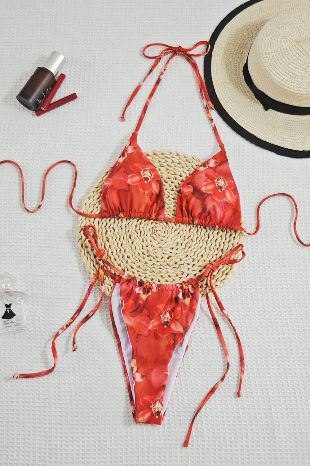 Triangle Halter Adjustable Tie High Cut Bikini Set - Blossom