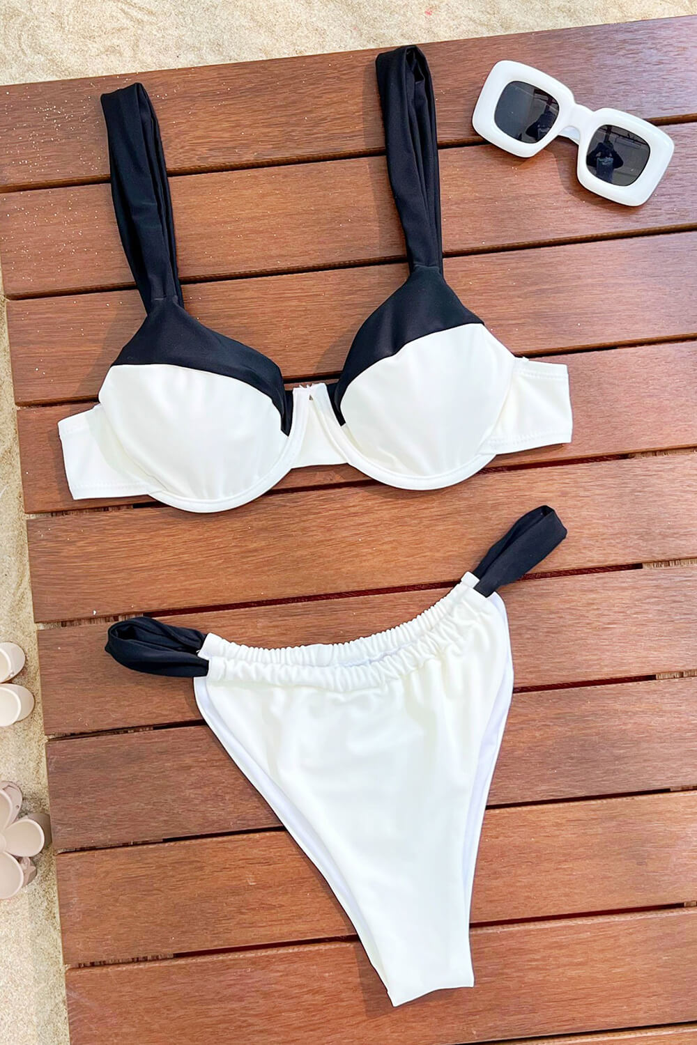Black & White Two-Tone Balconette Underwire Ruched Bikini Set