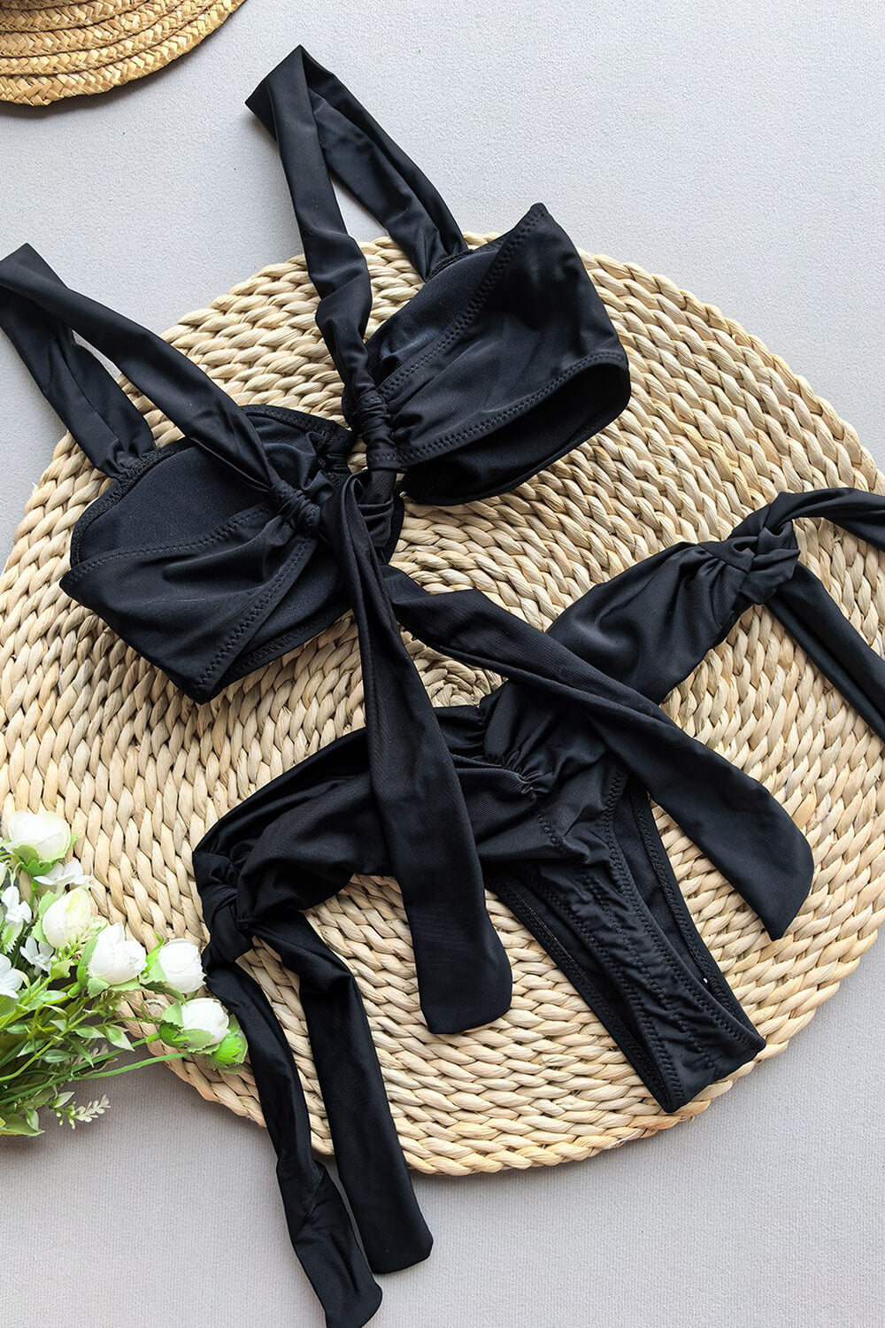 Black O-Ring Front Tie Side Bikini Set