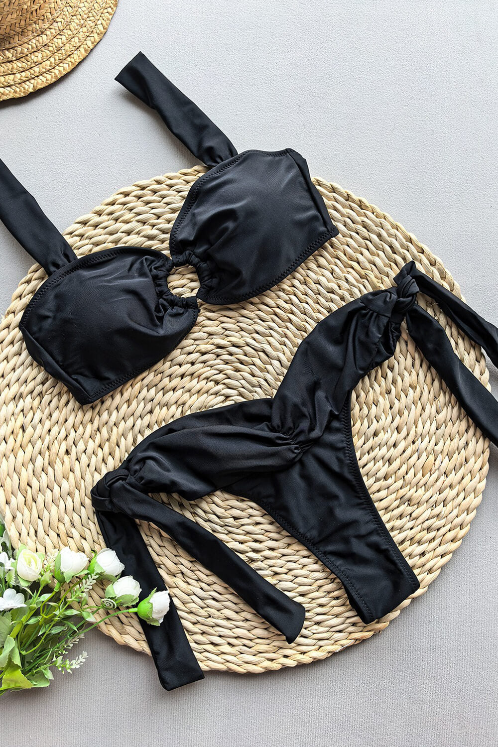Black O-Ring Front Tie Side Bikini Set
