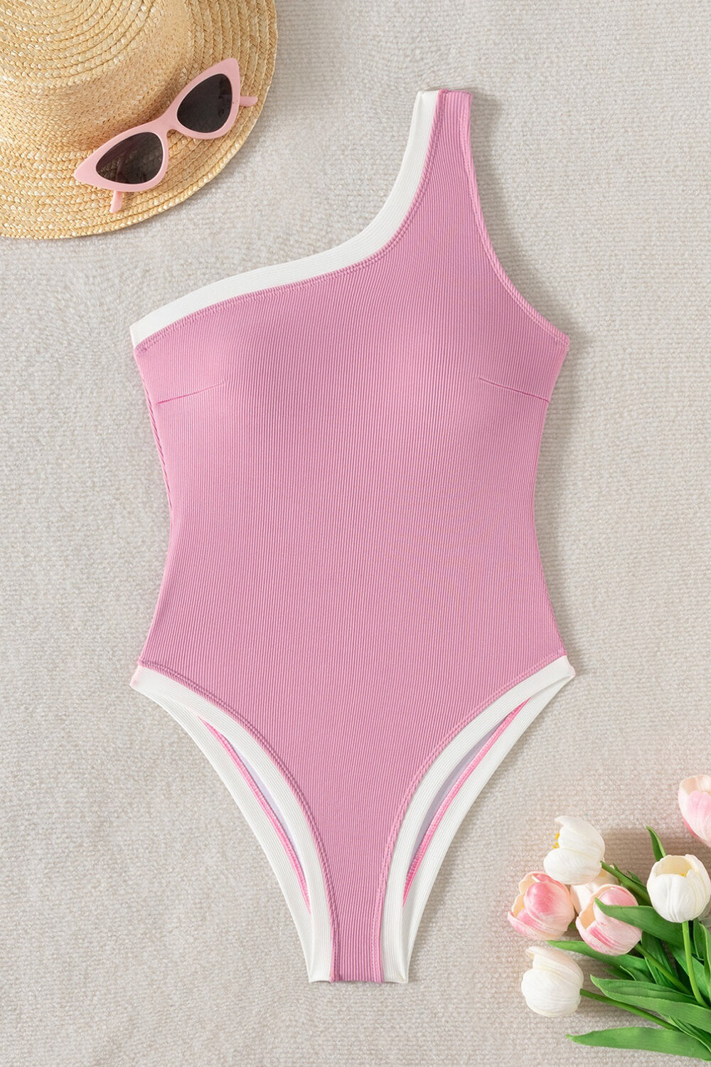 Contrast Trim Colorblock Ribbed One Shoulder One Piece Swimsuit
