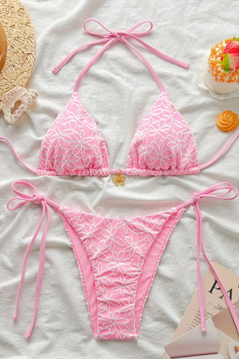 All-Over Floral Print Triangle Tie Side Bikini Set