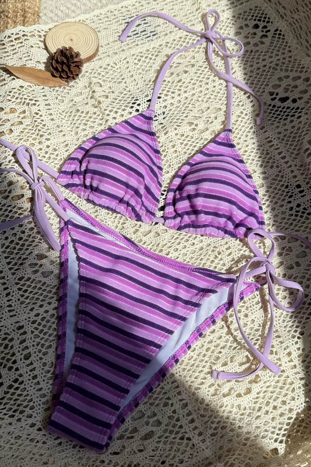 Multi Striped Print Terry Triangle Halter Tie Side Bikini Set Purple