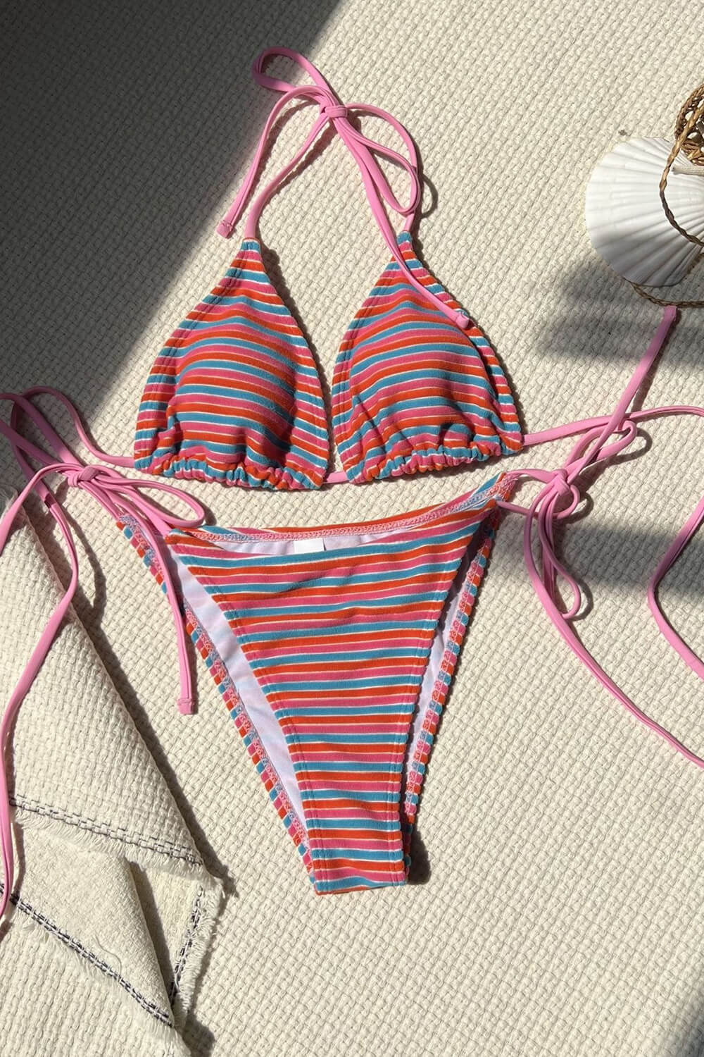 Multi Striped Print Terry Triangle Halter Tie Side Bikini Set