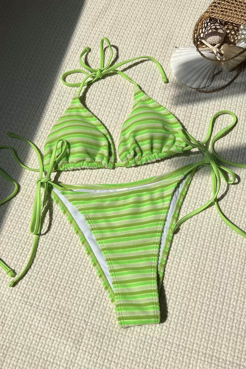 Multi Striped Print Terry Triangle Halter Tie Side Bikini Set Green