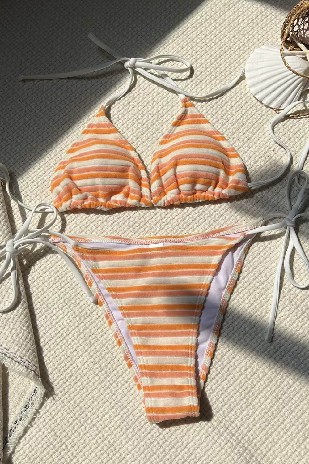 Multi Striped Print Terry Triangle Halter Tie Side Bikini Set Salmon