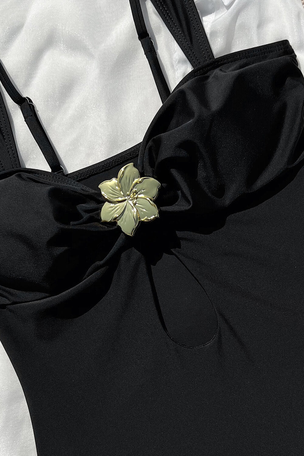 Cutout One-Piece Swimsuit With Flower Gold Hardware