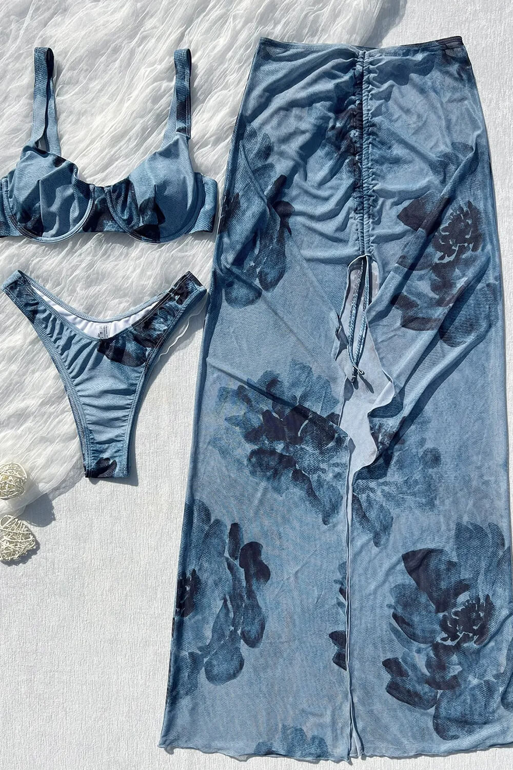 Floral Underwire High-Cut Bikini Set With Self-Tie Maxi Sarong Skirt