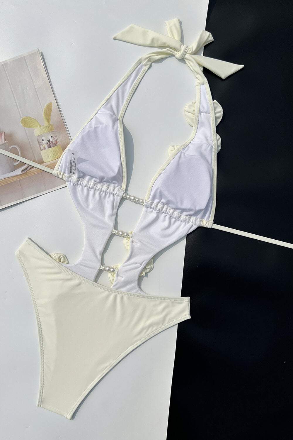 3D Floral Halter Cut Out One Piece Swimsuit With Pearl-Like Bead Details