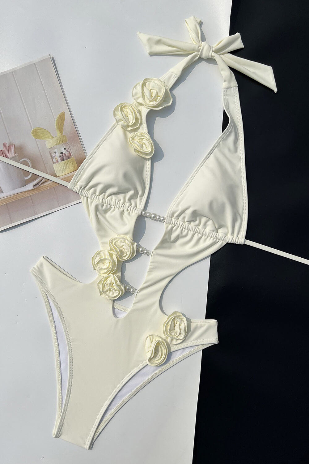 3D Floral Halter Cut Out One Piece Swimsuit With Pearl-Like Bead Details